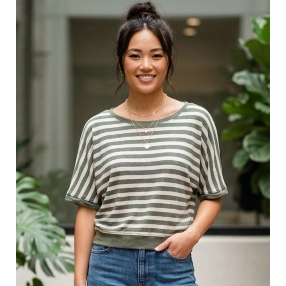 Rachel Zoe Striped Top Olive Green & White Size S